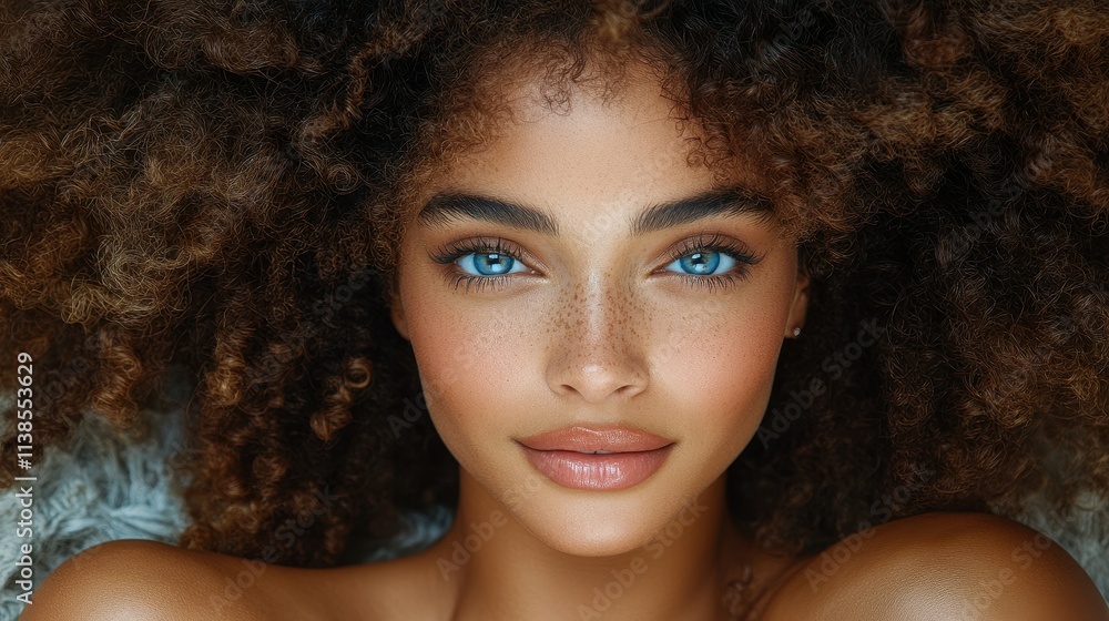 A young woman showcases her beautiful curly hair and bright blue eyes while lying against a soft surface. Her natural beauty is highlighted by gentle lighting and a serene expression A young woman showcases her beautiful curly hair and bright blue eyes while lying against a soft surface. Her natural beauty is highlighted by gentle lighting and a serene expression