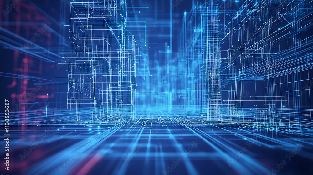 Technological abstract wireframe with intersecting lines and points over a blue gradient Technological abstract wireframe with intersecting lines and points over a blue gradient