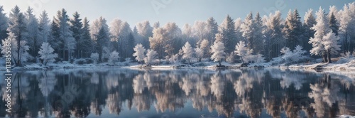 A silver-tinged lake with frosty trees on its shore, frosty, tree, reflection