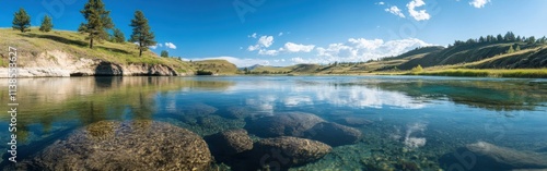 Breathtaking landscape of a calm river reflecting the sky and greenery during a sunny day