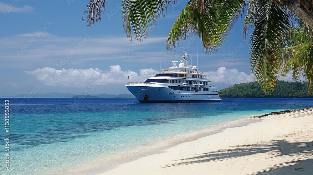 Luxury cruise ship anchored near a tropical island with pristine waters Luxury cruise ship anchored near a tropical island with pristine waters