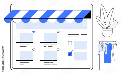 Online shopping website interface with product listings, a store awning, a potted plant, and clothing rack. Ideal for e-commerce, online retail, shopping, fashion, digital stores web design user