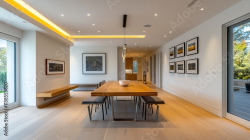 Modern dining room with long wooden table  built-in bench  and recessed lighting.