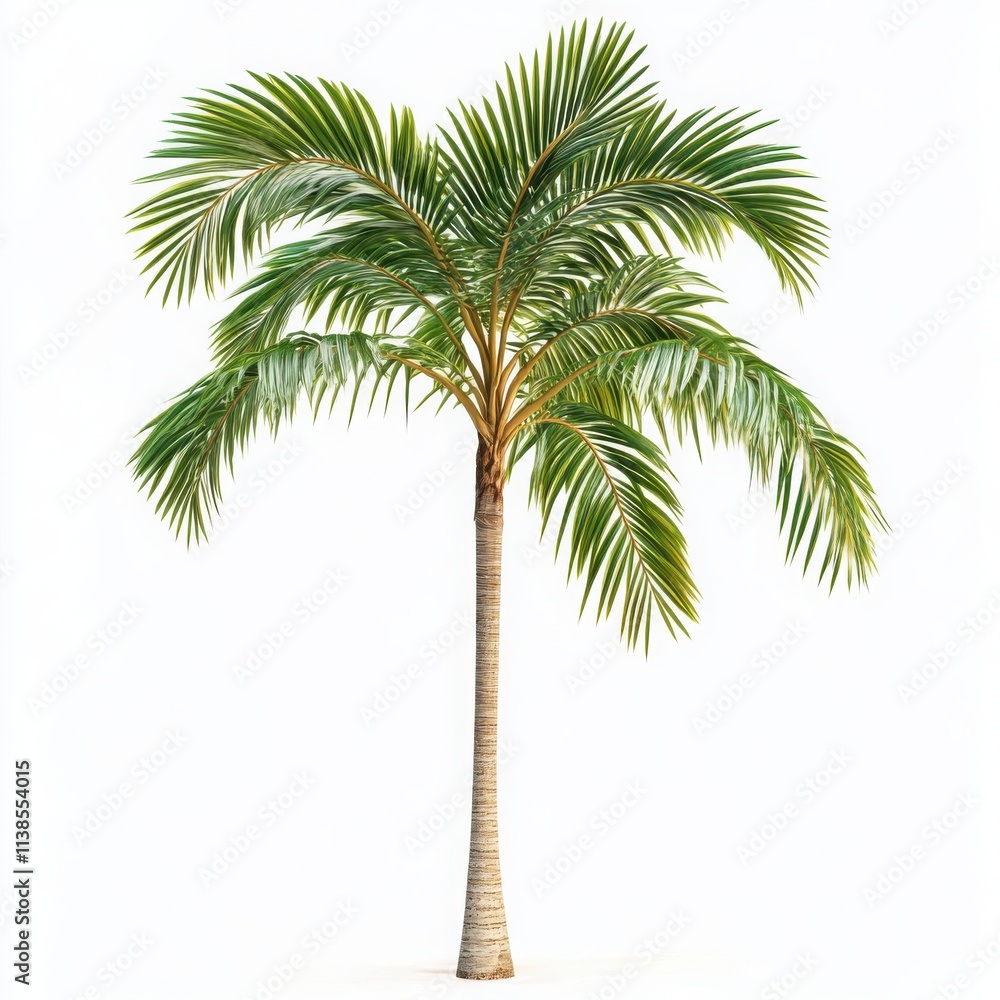 Obraz premium A tropical palm tree with long, arching fronds and a slim trunk on a white background