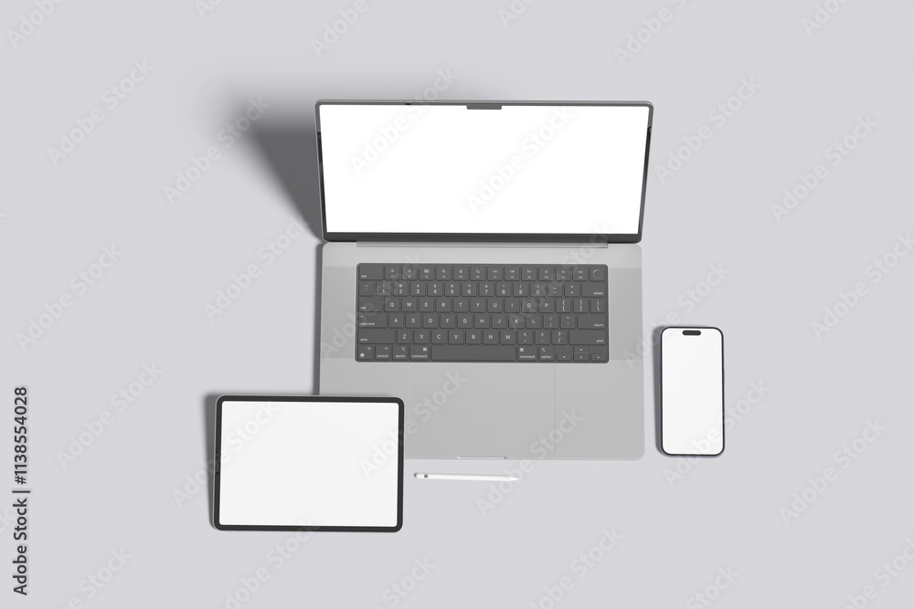 Laptop, tablet and mobile phone mockup set isolated on grey. 3D rendering stock photo Laptop, tablet and mobile phone mockup set isolated on grey. 3D rendering stock photo