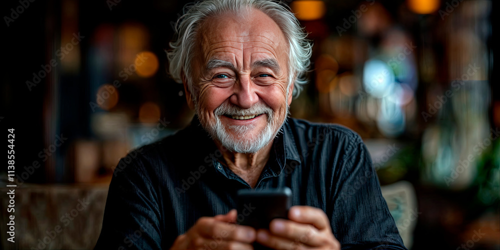 Elderly man with a joyful smile, holding a smartphone in his hands, sitting indoors with a blurred background featuring warm lights. Concept of happiness, technology use, and senior communication. Elderly man with a joyful smile, holding a smartphone in his hands, sitting indoors with a blurred background featuring warm lights. Concept of happiness, technology use, and senior communication.