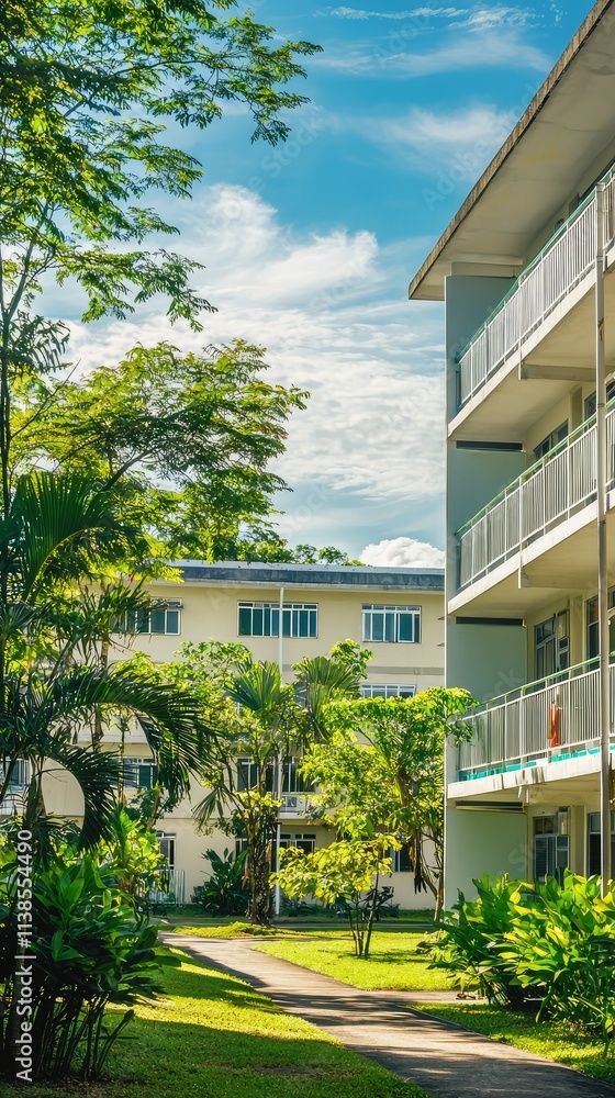 Fototapeta premium Serene Urban Landscape with Tropical Greenery and Modern Apartments Under a Bright Blue Sky with Fluffy White Clouds