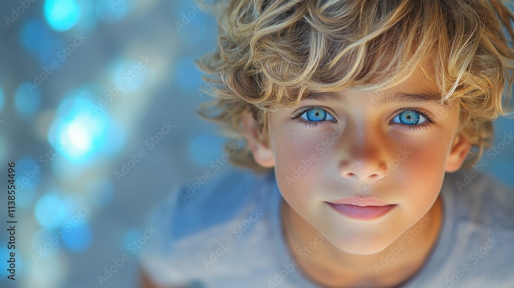 A boy with curly blonde hair and vibrant blue eyes gazes upwards, surrounded by a sparkling blue background. It is a serene moment in a beautiful outdoor setting A boy with curly blonde hair and vibrant blue eyes gazes upwards, surrounded by a sparkling blue background. It is a serene moment in a beautiful outdoor setting
