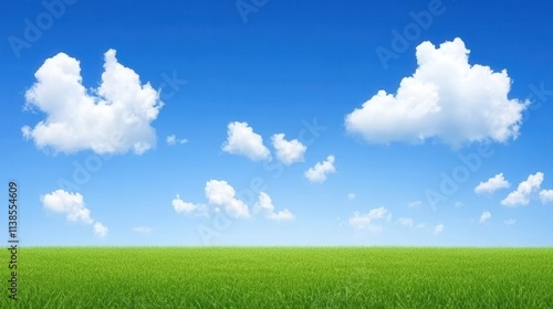 Bright Blue Sky with Fluffy White Clouds over Lush Green Grass Field