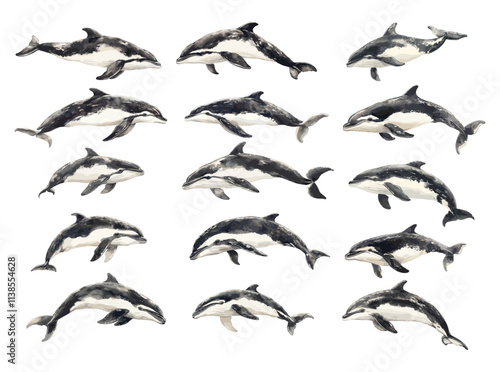Dolphins watercolor vector set. Mammal sea marine underwater flipper animal fish ocean orca smart wildlife creature, isolated on white background