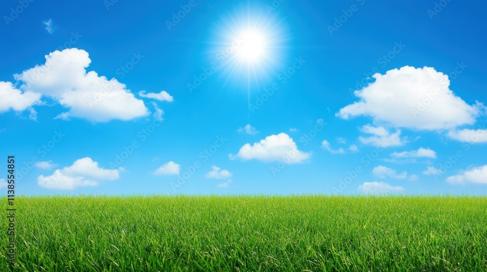 Obraz premium Bright Blue Sky Over Lush Green Field with Fluffy White Clouds