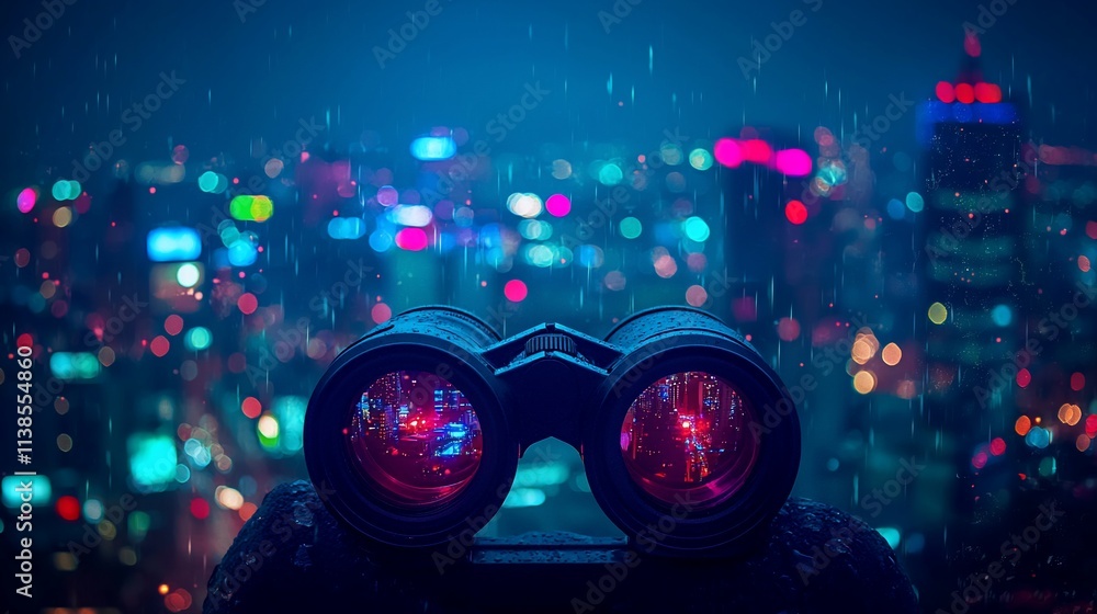 Binoculars focused on a rainy city at night. Binoculars focused on a rainy city at night.