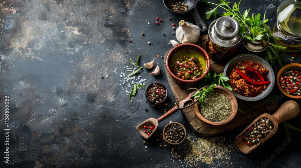 Spices, herbs, and condiments on a dark rustic background Spices, herbs, and condiments on a dark rustic background