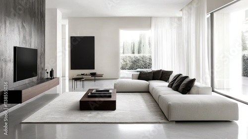 Modern and Minimalist Living Room Design with Sleek Furniture, Neutral Tones, Large Windows, and Textured Accents for a Contemporary Home Aesthetic