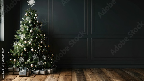 Black and white Christmas tree decorated with silver ornaments