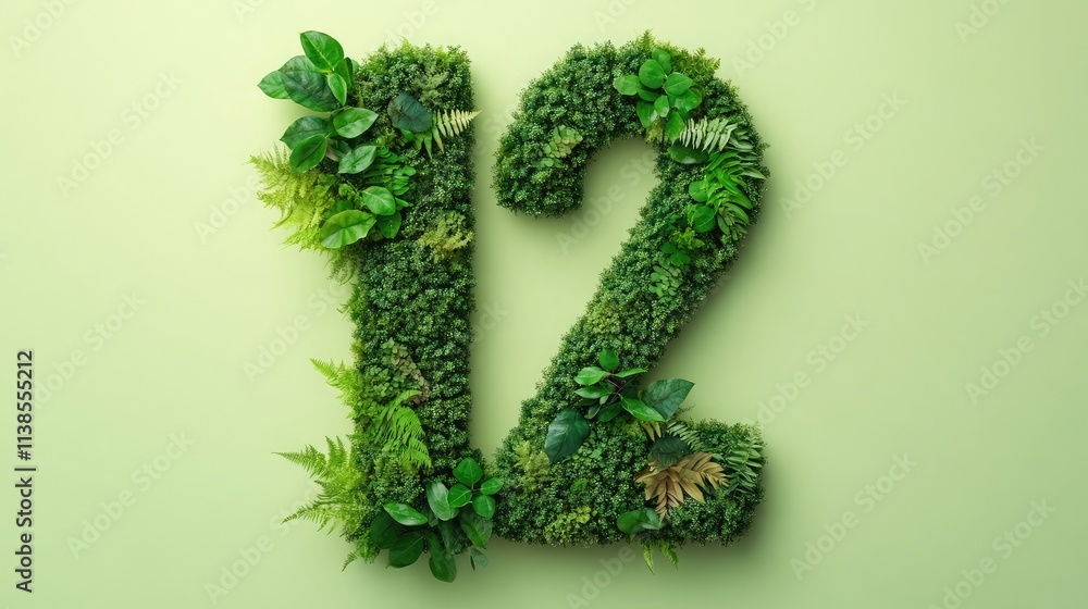 Number twelve crafted from lush green plants on a clean background Number twelve crafted from lush green plants on a clean background
