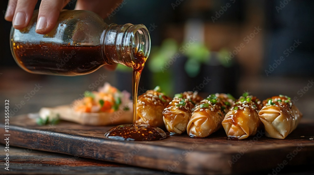 A hand pouring dipping sauce from a small glass jar onto an egg roll, with a dark wooden table as a backdrop A hand pouring dipping sauce from a small glass jar onto an egg roll, with a dark wooden table as a backdrop