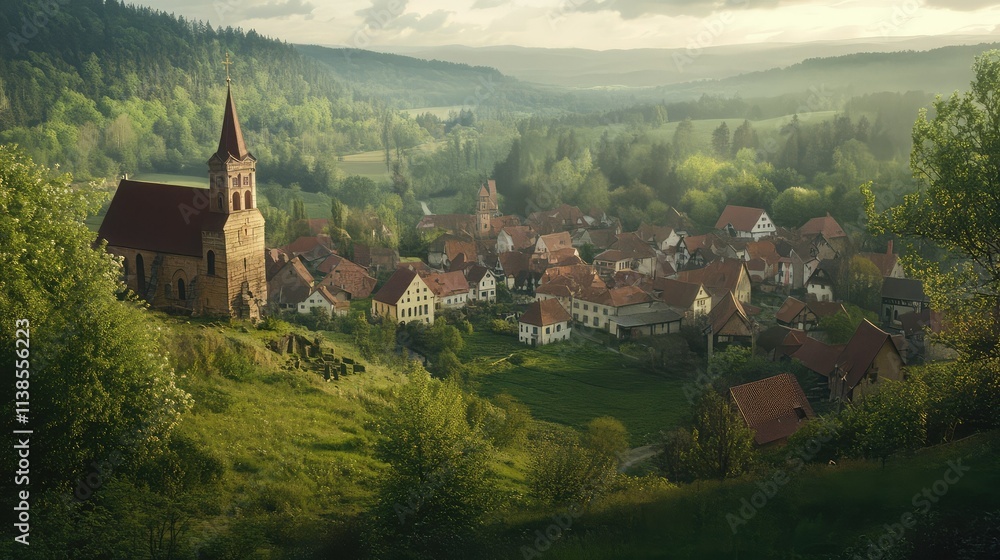Serene Scenic View of a Historic Village with a Church and Lush Green Hills in Early Morning Light Serene Scenic View of a Historic Village with a Church and Lush Green Hills in Early Morning Light