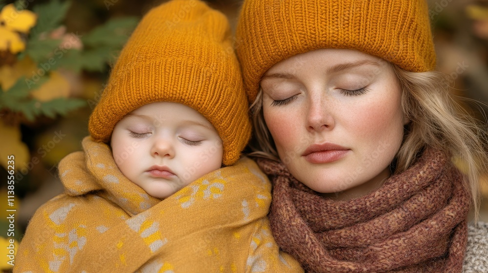 A mother and her baby, both in cozy orange hats, embrace in a serene moment surrounded by vibrant autumn leaves, basking in warm sunlight A mother and her baby, both in cozy orange hats, embrace in a serene moment surrounded by vibrant autumn leaves, basking in warm sunlight