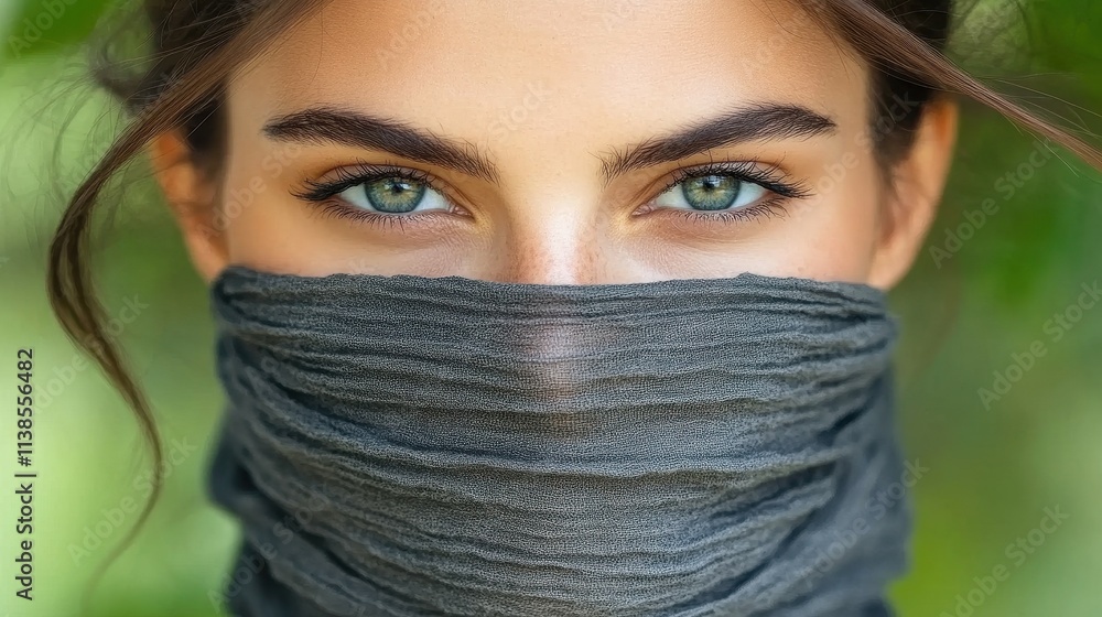 A young woman stands in a natural setting, her captivating green eyes visible above a dark scarf wrapped around her face. The soft sunlight highlights her features A young woman stands in a natural setting, her captivating green eyes visible above a dark scarf wrapped around her face. The soft sunlight highlights her features