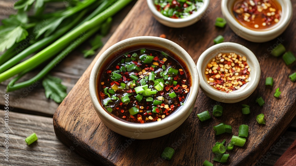 A rustic serving board featuring egg roll dipping sauce, garnished with green onions and chili flakes A rustic serving board featuring egg roll dipping sauce, garnished with green onions and chili flakes