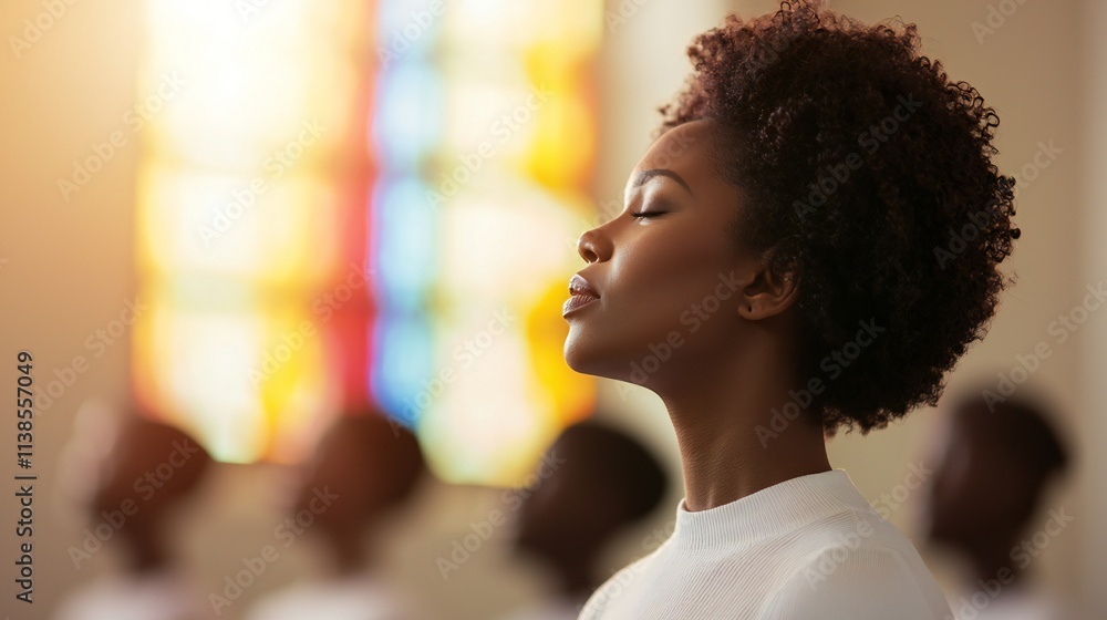 Obraz premium Black history month, Serene Woman Praying in Church Peaceful Spirituality