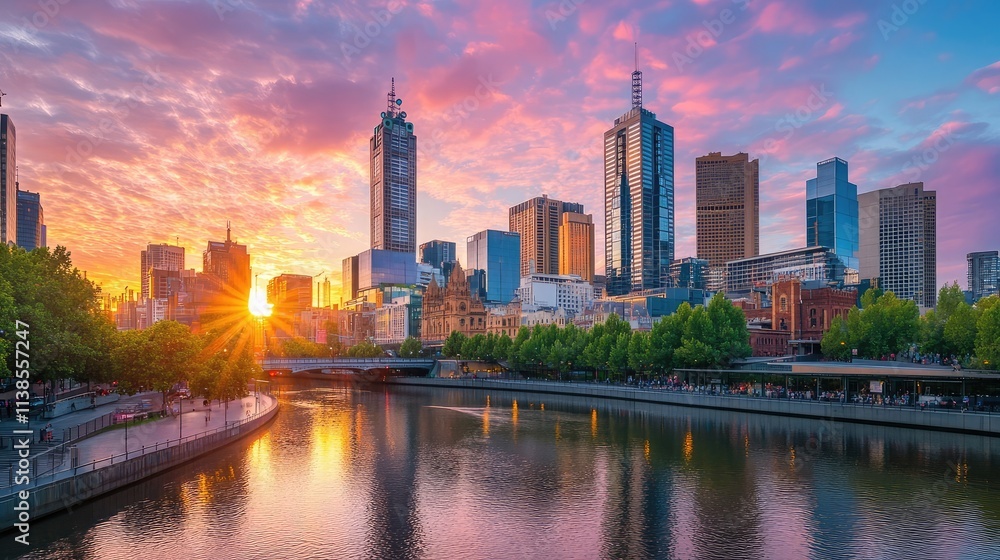 Naklejka premium Scenic cityscape with a river reflecting the skyline during golden hour