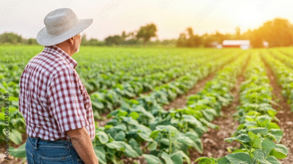 Farmer Standing Proudly in Sunlit Green Field at Dusk with Crops Farmer Standing Proudly in Sunlit Green Field at Dusk with Crops