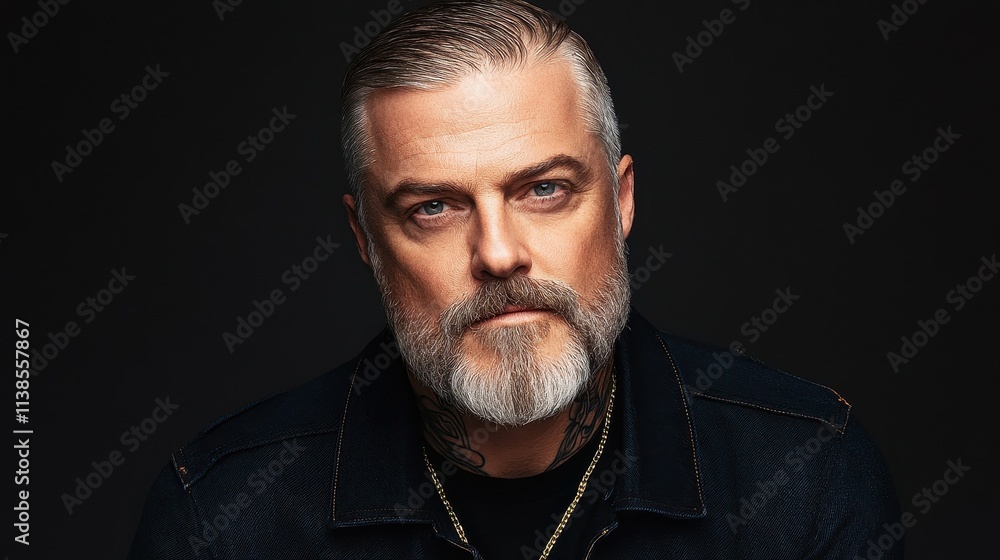 Obraz premium A man with a well-groomed beard and slicked-back hair poses confidently in a denim jacket. The dark background highlights his facial features and expression, offering a strong visual impact