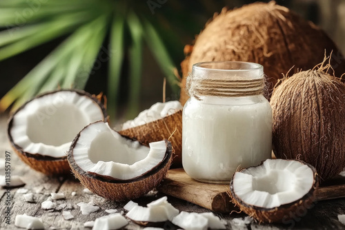 Jar of coconut oil with fresh coconut fruits on blurred background. Organic product for spa and body care. Natural oil for cooking. Generated AI