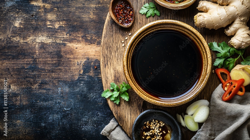 A small pot of bubbling hot dipping sauce, with rustic ingredients like ginger, garlic, and soy sauce around it A small pot of bubbling hot dipping sauce, with rustic ingredients like ginger, garlic, and soy sauce around it