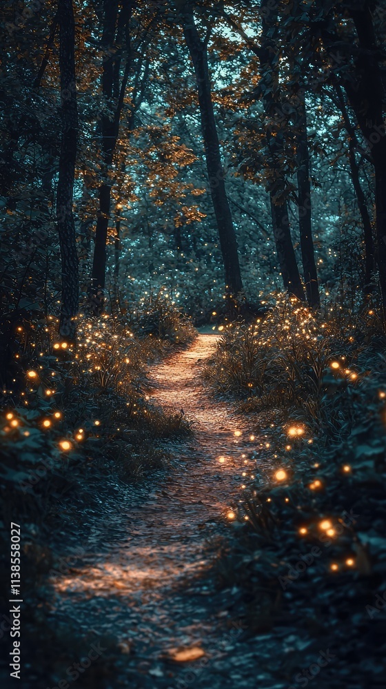 Obraz premium Enchanted Forest Pathway at Twilight with Glowing Fireflies Illuminating the Trail Through Lush Greenery Surrounded by Tall Trees and Mystical Atmosphere