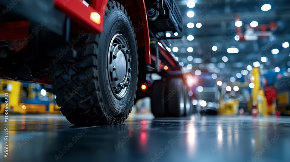 Fototapeta premium Truck maintenance action in industrial workshop high-tech environment close-up viewpoint for logistics efficiency