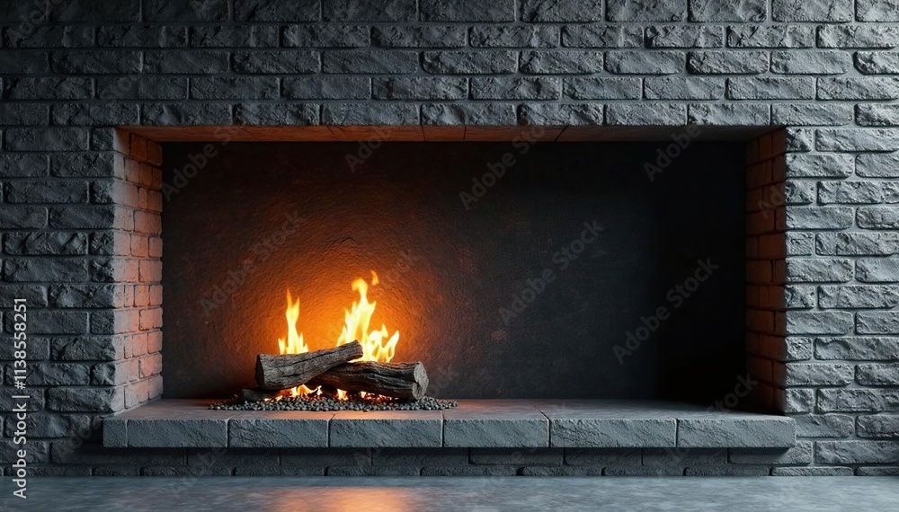 Dark grey brick niche against warm stone fireplace, stone, fireplace Dark grey brick niche against warm stone fireplace, stone, fireplace