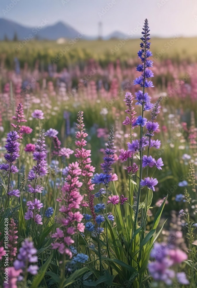 Obraz premium Blue green pink purple flower field with tall stalks and gentle breeze, stalks, purple