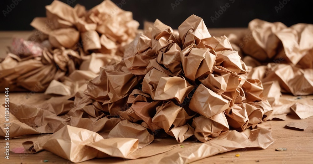 pile of crumpled brown wrapping paper on a table, torn, paper pile of crumpled brown wrapping paper on a table, torn, paper