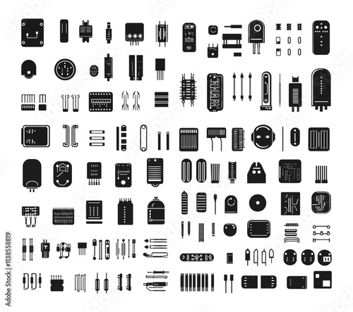 Electronic component vector icon set. Conductor circuit transistor motherboard semiconductor resistor diode capacitor gadgets microelectronic transistors parts black isolated vectors
