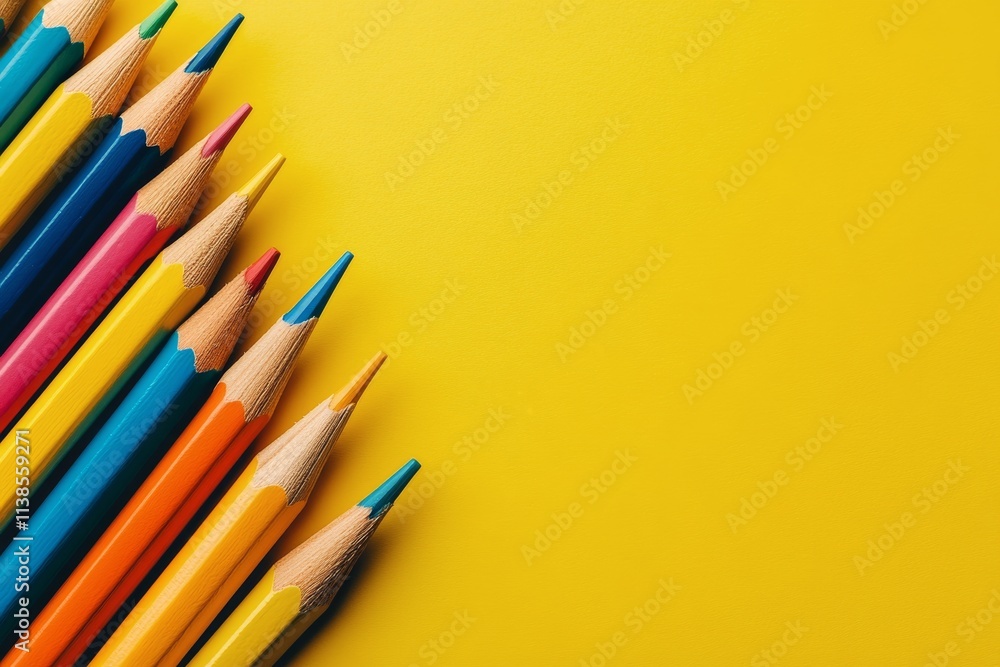 Colorful pencils arranged on a vibrant yellow background for creative art activities Colorful pencils arranged on a vibrant yellow background for creative art activities