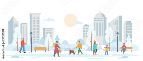Happy people in Winter city park. Men, women and children walking, doing sport and playing outside. Cold winter season in city. Vector flat banner background illustration.