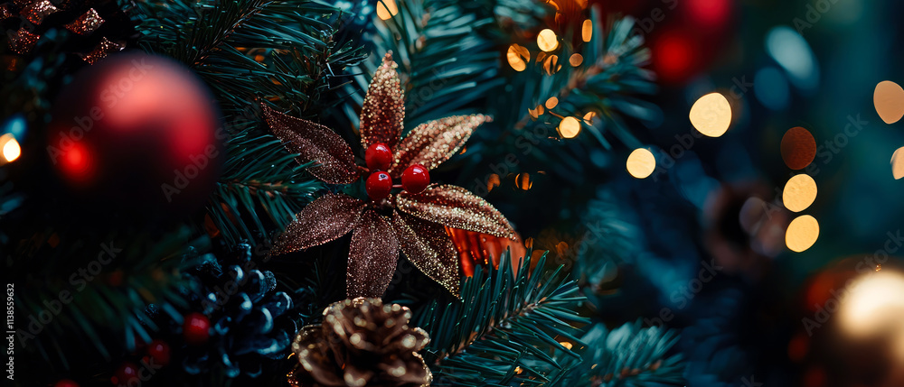 Close up Christmas fir wreath decorated with pine cones, red flowers, shimmer ornaments. Seasonal designs and holiday mockup with copy space. Generative ai Close up Christmas fir wreath decorated with pine cones, red flowers, shimmer ornaments. Seasonal designs and holiday mockup with copy space. Generative ai