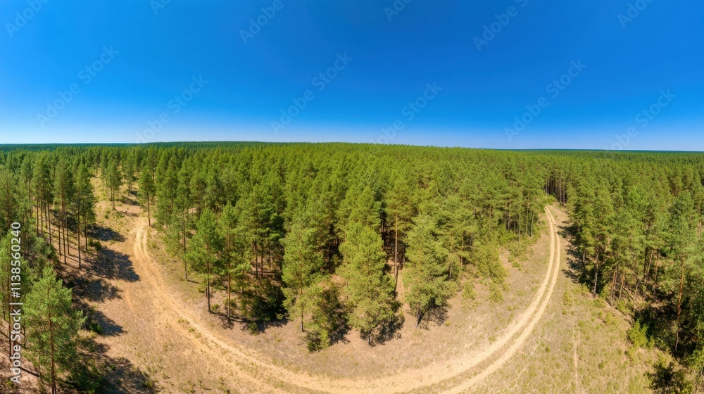 Naklejka premium Panoramic View of Serene Pine Forest Under Clear Blue Sky in Daylight