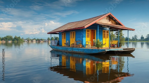 A floating house on a calm river with vibrant reflections. 