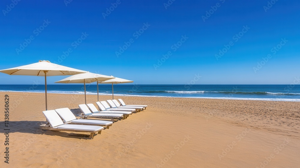 Fototapeta premium Relaxing Empty Beach Lounge Chairs Under Sunshade on a Clear Blue Sky