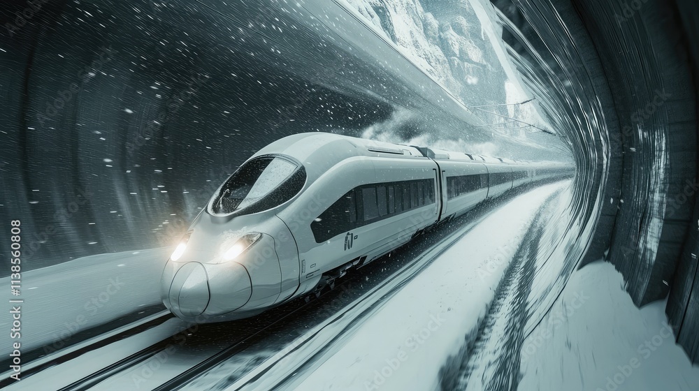 A high-speed train passing through a snowy tunnel, with the blinding white snow contrasting against the dark interior as it emerges into daylight A high-speed train passing through a snowy tunnel, with the blinding white snow contrasting against the dark interior as it emerges into daylight