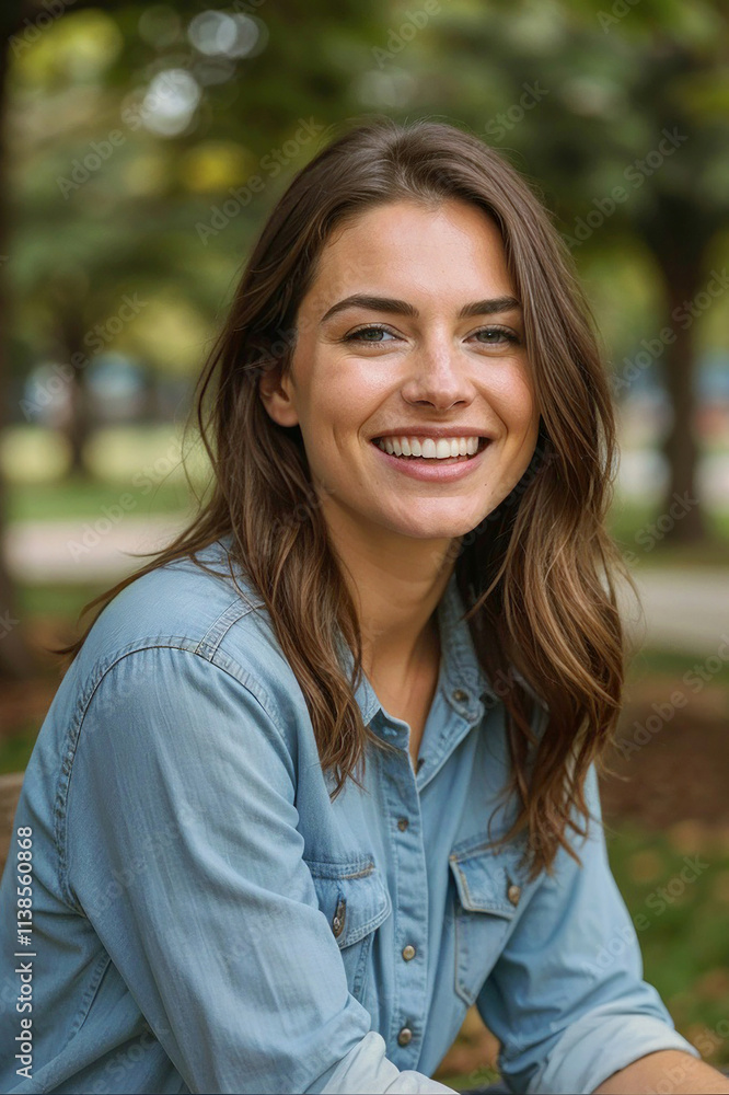 Portrait of happy Caucasian brunette woman with long brown hair is smiling and wearing a blue shirt and looking at camera, she is sitting on a bench in a park Portrait of happy Caucasian brunette woman with long brown hair is smiling and wearing a blue shirt and looking at camera, she is sitting on a bench in a park