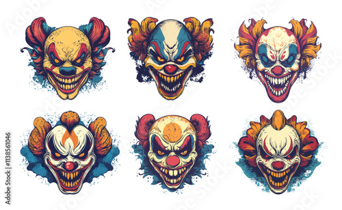 Evil clown cartoon vector set. Angry scary circus grinning head avatars creepy character, make up personage horror movie nightmare demon creature, isolated vectors on white background