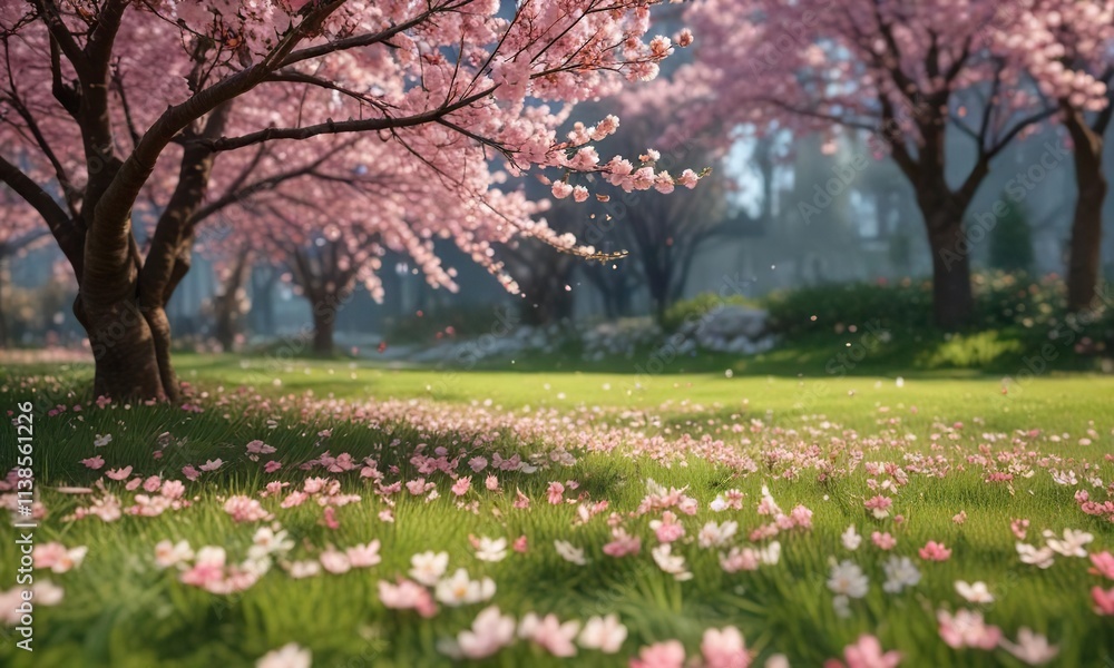Cherry blossoms in a garden, with petals gently falling onto the grass, fall, soft focus, flower Cherry blossoms in a garden, with petals gently falling onto the grass, fall, soft focus, flower