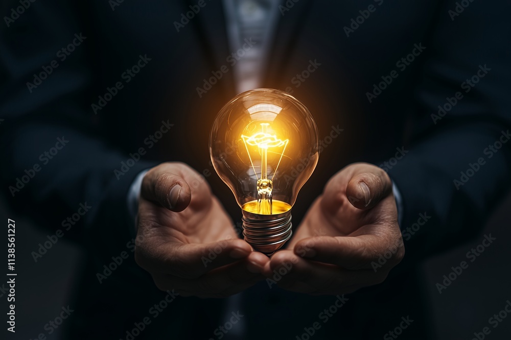 A glowing light bulb in hands symbolizes innovative ideas and creativity. A glowing light bulb in hands symbolizes innovative ideas and creativity.