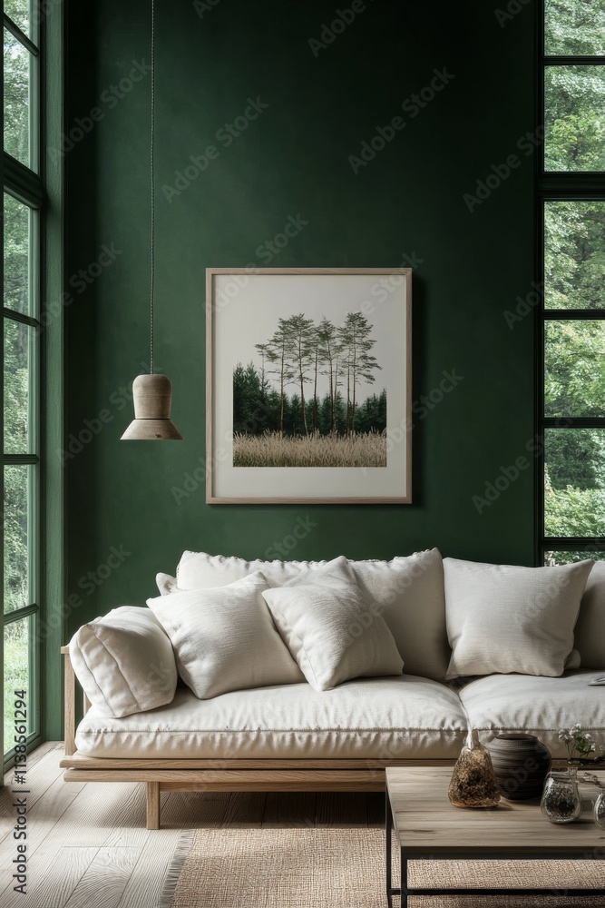 Fototapeta premium Modern living room with nature inspired decor and cozy furniture in a tranquil setting