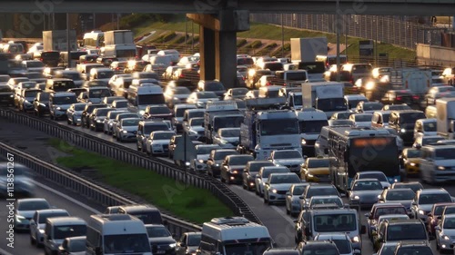 City traffic time lapse in sunset. City traffic at rush hour. Heavy evening traffic. Cars trying to reach home at rush hour. Blurred background and glittering chaos.


